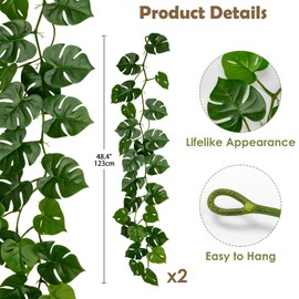 2Pcs Artificial Monstera Leaves Vines 4ft Fake Hanging Plant Ivy Vines Greenery Garland Faux Tropical Vine Decor for Wall Jungle Luau Beach Birthday Party Indoor Outdoor Home Décor