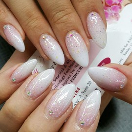 Press on Nails Medium Almond Fake Nails White Gradient Glue on Nails with Glitter Rhinestones Design Pink Medium False Nails Almond Nails Press ons Glossy Acrylic Stick on Nails for Women 24Pcs