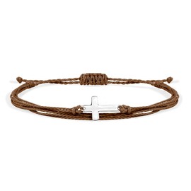 Handmade Cross Colorful Adjustable Braided String Bracelet Friendship Couple Tiny Sideways Cross Rope Bangle Lucky Protection Jewerly for Women Men Teens-Brown
