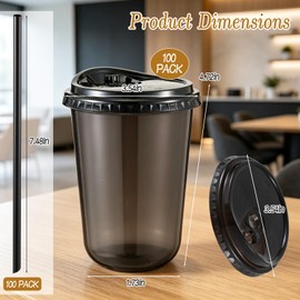 100 Set 16 oz Black Plastic Cups with Lids and Straws, Disposable Cups with Lids, Iced Coffee Cup with Lid, Clear Round Bottom Plastic Smoothie Cups for Drinking Cold, Coffee, Smoothie, Shop Supplies