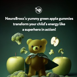 NeuroBrocc Sulforaphane Supplement Gummies - Potent Broccoli Sprout Extract Supplement - 60 Vegan Friendly Green Apple Flavored Gummies for Kids and Adults