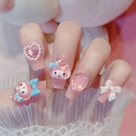 24PCS Cute Kawaii 3D Cartoon False Nails,Medium Pretty Press on Nails,Nude Pink Coffin Fake Nails with 3D Bow Design,Glossy and Full Cover Acrylic Nails for Women or Girls