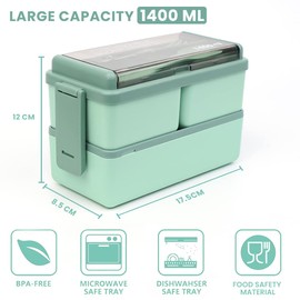 Bugucat Bento Lunch Box 1400ML, Stackable Lunch Box Bento Boxes,2 Layer 3 Compartments Leak Proof Lunchbox,Lunch Box with Compartments for Adults Kids,Container Meal Prep Containe with Cutlery,Green