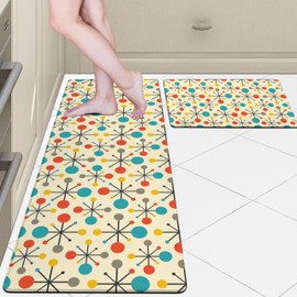 Mid Century Modern Atomic Kitchen Rugs Sets of 2 Retro Yellow Kitchen Decor Anti Fatigue Cushioned Kitchen Floor Mats Non Slip Standing Mat for Sink Laundry Office