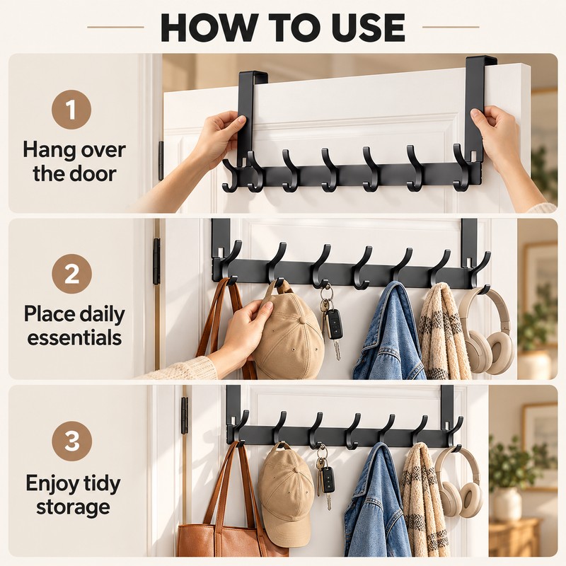 Over The Door Hooks Organizer Rack – No-Drill Aluminum Door