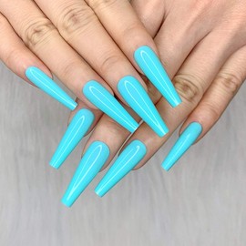 Artquee 24pcs Cyan Blue Pure Color Ballerina Long Coffin Glossy Fake Nails Press on Nail False Tips Manicure for Women and Girls