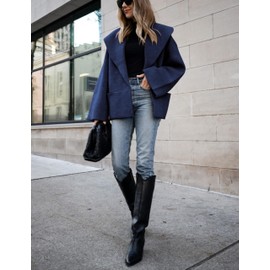 Hooever Women's Cropped Pea Coats Oversized Sweater Jackets Lapel Open Front Fall Winter Shawl Collar Knit Sweater(NavyBlue-L)