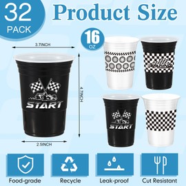 Qinyoung 32 Pcs Race Car Party Supplies Bulk 16 oz Checkered Flag Cups Racing Themed Thick Plastic Cup for Race Car Birthday Party Checkered Racing Party Sports Themed Birthday Party Supplies