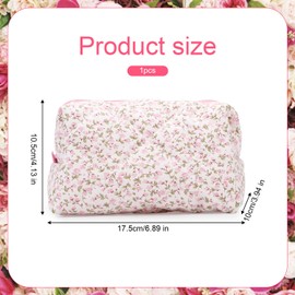 Floral Makeup Bag, Large Cosmetic Bag Floral Quilted Makeup Bag Cute Pink Cotton Flower Travel Makeup Pouch for Women Girls