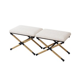 FAVSH Unique Design 2pcs Foot Stool Padded with X- Metal Frame and Hemp Rope-Wrapped Legs, Ottoman Bench Upholstered in Soft Fabric for Window,End of The Bed, Entryway or Closet,Beige White
