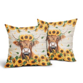 Evlaschin Highland Cow Pillow Covers 18x18inch Spring Summer Sunflowers Cattle Throw Pillowcases Wood Board Floral Cotton Linen Sofa Couch Patio Bedroom Cuchion Cover Decor Set of 2