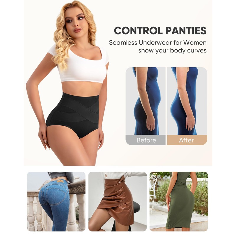 YDQ Womens High Waisted Cotton Underwear 4 Pack Tummy Control
