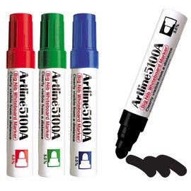Artline 5100A Big Nib Magnum Whiteboard Dry Erase Markers, Extra Thick 5.0mm Bullet Tip, Readable from a Great Distance, Low Odor Colored Markers for School, Black, Red, Blue, Green, 4-Pack