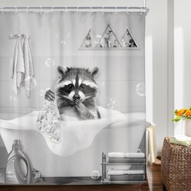 Riyidecor Kids Funny Raccoon in Bathtub Shower Curtain Fun Cute Animal Kid Vintage Gray Grey Rustic Farmhouse Wildlife 60Wx72H Inch Hilarious Fabric Decor Bathroom Polyester Waterproof 12 Pack Hooks