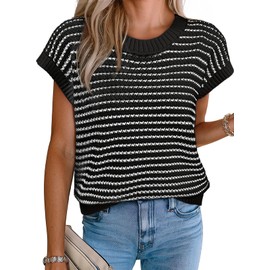 EVALESS Women's 2025 Sleeveless Crew Neck Striped Sweater Vest Short Sleeve Lightweight Ribbed Knit Pullover Tank Tops Color Black Stripe X-Large