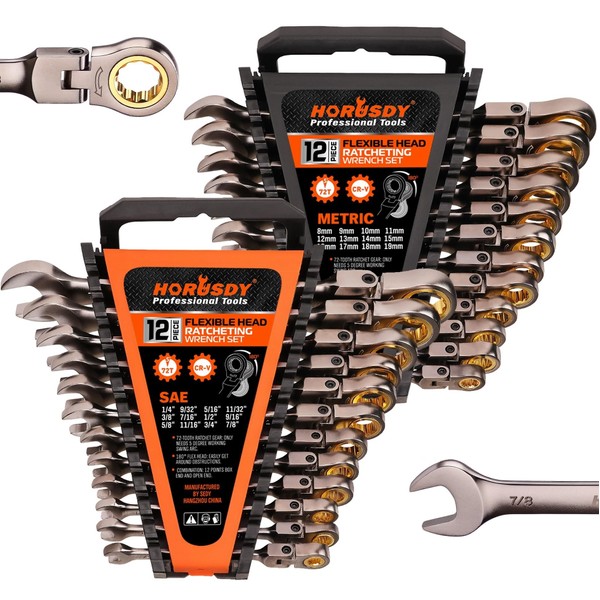 HORUSDY 24-Piece Flex-Head Ratcheting Wrench Set Set | Metric and SAE | Ratchet Combination Wrenches Set with Organizer | 72-Teeth | Chrome Vanadium Steel | 8-19 mm & 1/4” to 7/8“