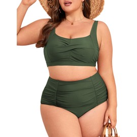 Womens Plus Size Bikini 2 Piece Plus Size Swimsuits Tummy Control Bathing Suits High Waisted Bikini Twist Front Swim Suit Army Green 2XL
