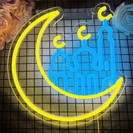 zikdhf Ramadan Neon Sign Mosque Neon Signs Dimmable Moon Neon Sign for Wall Decor Muslim Islamic Neon Signs Ramadan Gifts for Kids Women