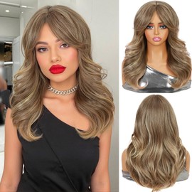 WIGER Long Wavy Wigs with Bangs for Women Mixed Blonde Realistic Wigs Natural-looking Layered Synthetic Wigs Shoulder Length Anti-Tangle Fiber Hair