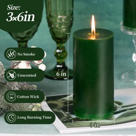 KONNI Navy Green Pillar Candles Set of 3, 3"x 6" Unscented Pillar Candles Bulk, 56 Hours Long Burning Candles, Smokeless&Dripless Large Round Candle for Wedding, Home Decoration, Parties, Spas, Dinner