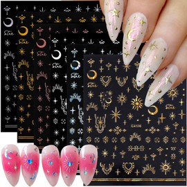 7 Sheets Metallic Moon Star Nail Art Stickers Sun Moon Nail Decals 3D Self-Adhesive Nail Art Supplies Rose Gold Sliver Starlight Nail Art Design French Manicure Sticker for Women DIY Nail Decorations