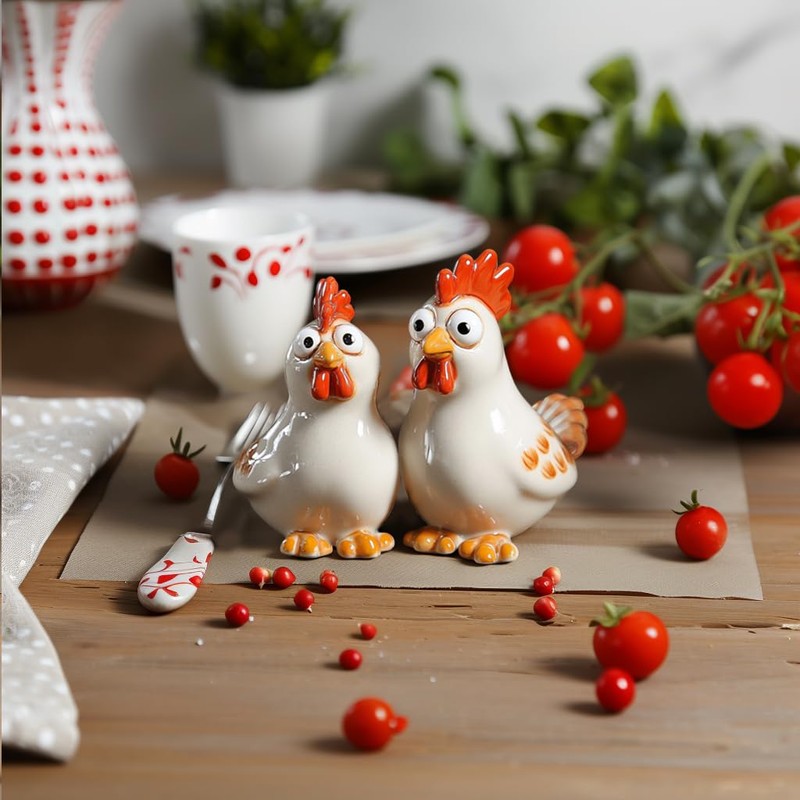 Bicuzat Ceramic Hen and Rooster Salt & Pepper Shakers Set,