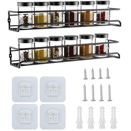 YunNasi Stainless Steel Spice Racks for Kitchen Bathroom Spice Rack No Drilling 2/4 Racks Spice Racks Organiser for Cabinets or Wall Mounting 29 x 6 x 6 cm (Black, 2 Racks)