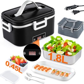 Gymdin 1.8L Electric Lunch Box for Adults, 80W Heated Lunch Box with Temperature Display, 12/24/110V food Warmer for Work/Drive/Gift, Leak-Proof Lonchera Eléctrica Portátil with Fork/Spoon (Black)