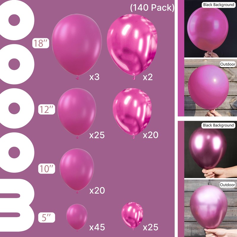 PartyWoo Hot Pink Balloons 140pcs Different Sizes of 18 12