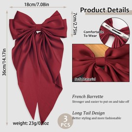 Mtgluk Bow Hair Clips, 3 Pcs Solid Satin Large Vintage Tail French Ribbon Hair Clips Big Bowknot Clips Hair Accessories for Women Girls (Pink Red Beige)