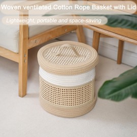 MIZHICRAFT Handwoven Cotton rope&Bamboo Storage Basket with - Foldable basket Organizer for Toys, Blankets, and Clothes -11”x11”x11” Small Round Basket for Shelves