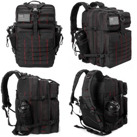 LHI Military Tactical Backpack for Men and Women 45L Army 3 Days Assault Pack Bag Large Rucksack with Molle System - Black With Red Line
