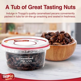 Tropgo Caramelised Pecans 160gm - Sweet Nuts in a Resealable and Recyclable Nut Tub - Wholesome Trail Mix with Fibre Protein and Essential Minerals - Healthy Nuts for All Ages