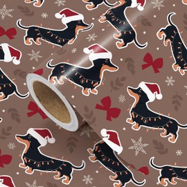 WRAPAHOLIC Dog Christmas Wrapping Paper Roll - Mini Roll - 17 Inch x 16.5 Feet - Dachshund Dog and Red Bow Wrapping Paper for Christmas, Holiday, Party Celebration