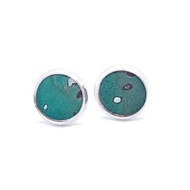 Stud Earrings Silver Round 8 mm Cork Pine Green Turquoise with Silver Inclusions - Vegan Handmade