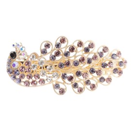 Sparkly Womens Girls Crystal Rhinestone Diamante Wedding Bridal Party Evening Ponytail Fine Hair Accessories Occasion Barrette Hairpin Grip French Metal Spring Clip Peacock Bird Gold Tone (Purple)