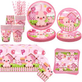 Obussgar Pig Party Decoration - Pink Pig Birthday Party Tableware Supplies Includes Plates, Cups, Napkins, Tablecloth, Straws - Serves 20