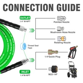 Sewer Jetter Kit for Pressure Washer 50 FT，Drain Cleaner Hose 1/4 Inch NPT Corner with Pressure Washer Tips, Button Nose and Rotating Sewer Jetting Nozzle, Spanner Teflon Tape Pearl Corsage Pin