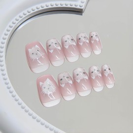 RUOKEXIN Medium Press on Nails Square Fake Nails Pink Cat Eye Nail Press ons Acrylic False Nails with Cute Cat Designs Glitter Artificial Nails Glossy Glue on Nails Natural Stick on Nails for Women