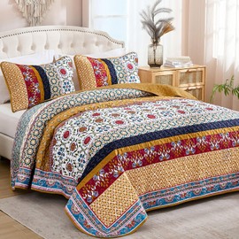 Yiran Boho Quilt Set King Size Tango Orange Patchwork Bedspreads Bedding Set Spring Summer Lightweight Bohemia Farmhouse Coverlet Set 110x90 Inch