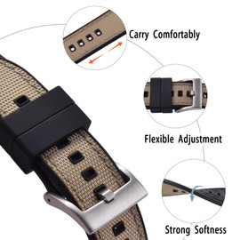 PTFULUOS Premium Upgrades Soft Hybrid (Fkm/Fpm Rubber and Sailcloth) Watch Bands for Men,20mm 22mm Waterproof Quick Release Replacement Watch Straps,Silver/Black/Gold/Rose Gold Brushed Buckle (22mm, Black Khaki+Silver Buckle)