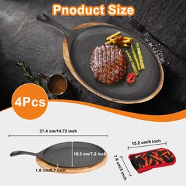 DUIBAOCHUN 4 PCS Fajita Skillet,Sizzler Plates With Wooden Base And Handle Cover,Steak Plates,Cast Iron Skillet Set,Cast Iron Plates for Home Party Eating