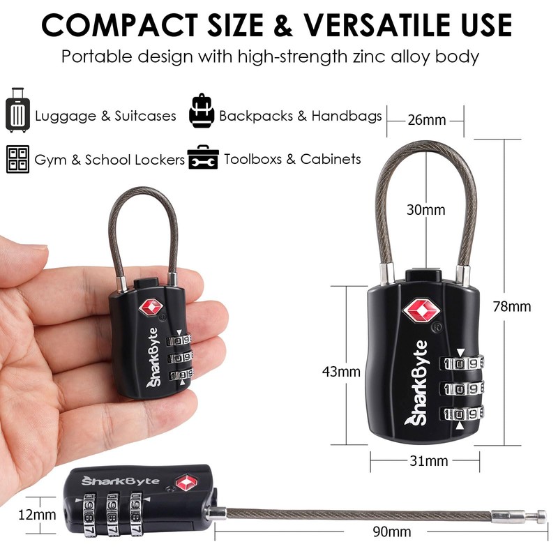 SharkByte TSA Suitcase Locks - 3-Dial Security Travel Combination Padlock,