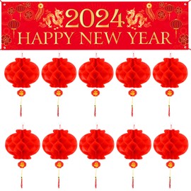 FEPITO 2024 Chinese New Year Decorations Happy Chinese New Year Banner Year of dragon Party Banner with Chinese Red Paper Lanterns for Chinese Spring Festival Decorations Indoor Outdoor New Year Party