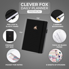 Clever Fox Planner Daily Premium – Undated Daily Planner with Hourly Schedule, Personal Organizer, Productivity Journal, 6 Months (Black)