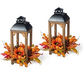 Glitzhome Set of 2 Fall Wooden Lanterns for Centerpieces, 20”H Sunflower, Pinecone and Berry Patio Lanterns, Autumn Decor for Porch, Garden, Yard, Tabletop Decorations