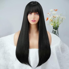 BESSY HAIR Long Black Wig with bangs Natural Matte Black Straight Wigs for Women Heat Resistant Synthetic Bang wig for Girls Daily Party Cosplay Halloween Costume Use 24 Inch (Black)