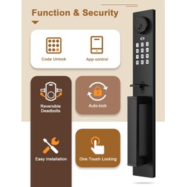 Tinewa Keyless Entry Door Lock with Lever, Full Escutcheon Smart Door Handle, Digital Keypad Deadbolt with App, Front Door Handleset with Single Cylinder Deadbolt and Lever, Auto Locking, Black Finish