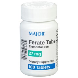 Major 27 mg Ferate Tabs - Ferrous Gluconate Elemental Iron Dietary Supplement - 100 Count (1 Pack)