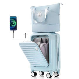 Udorich Compact Light Blue Carry-On Luggage Set for Travel, Expandable Design with USB Port and Cup Holder, Every Adventure